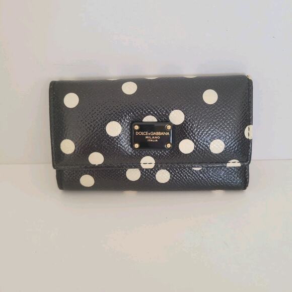 Dolce&Gabbana Leather Key Case Wallet Smalll Trifold Black White Polka Dot Box - Picture 2 of 11